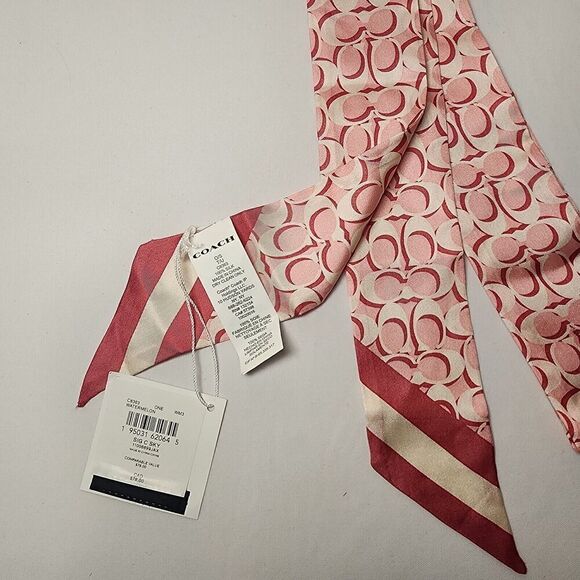 NWT Coach C8363 Signature Print Silk Skinny Scarf Pony Watermelon Pink - Picture 3 of 3
